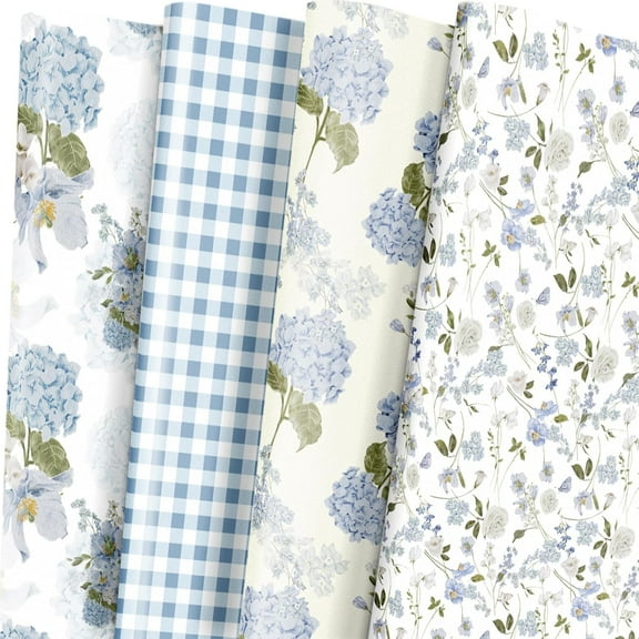 AUR Floral Wrapping Paper, Blue Hydrangea Flowers & Gingham Check, 4 Different Design for Wedding, Bridal Shower, Mother's Day, Birthday, 12 Folded Sheets, 27.5 x 19.6 inches Per Sheet