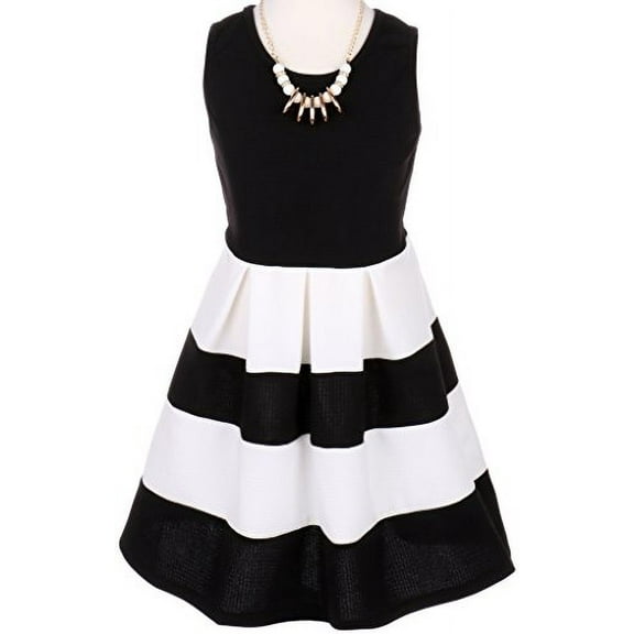 Big Girls' Sleeveless Dress Color Block Striped Summer Special Flower Girl Dress Black 10 (J20KS77)
