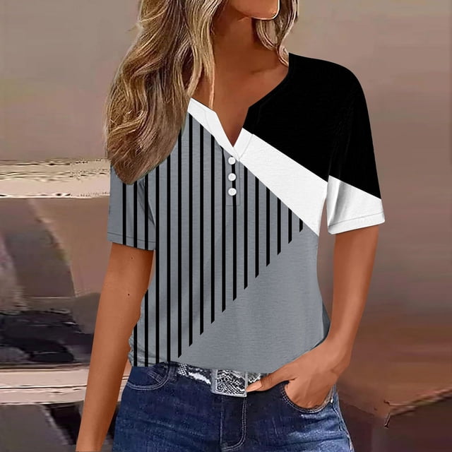 Jsaierl Summer Casual Versatile Shirts for Women Soft Short Sleeve Notched V Neck Tops Outside Work Striped Tunics