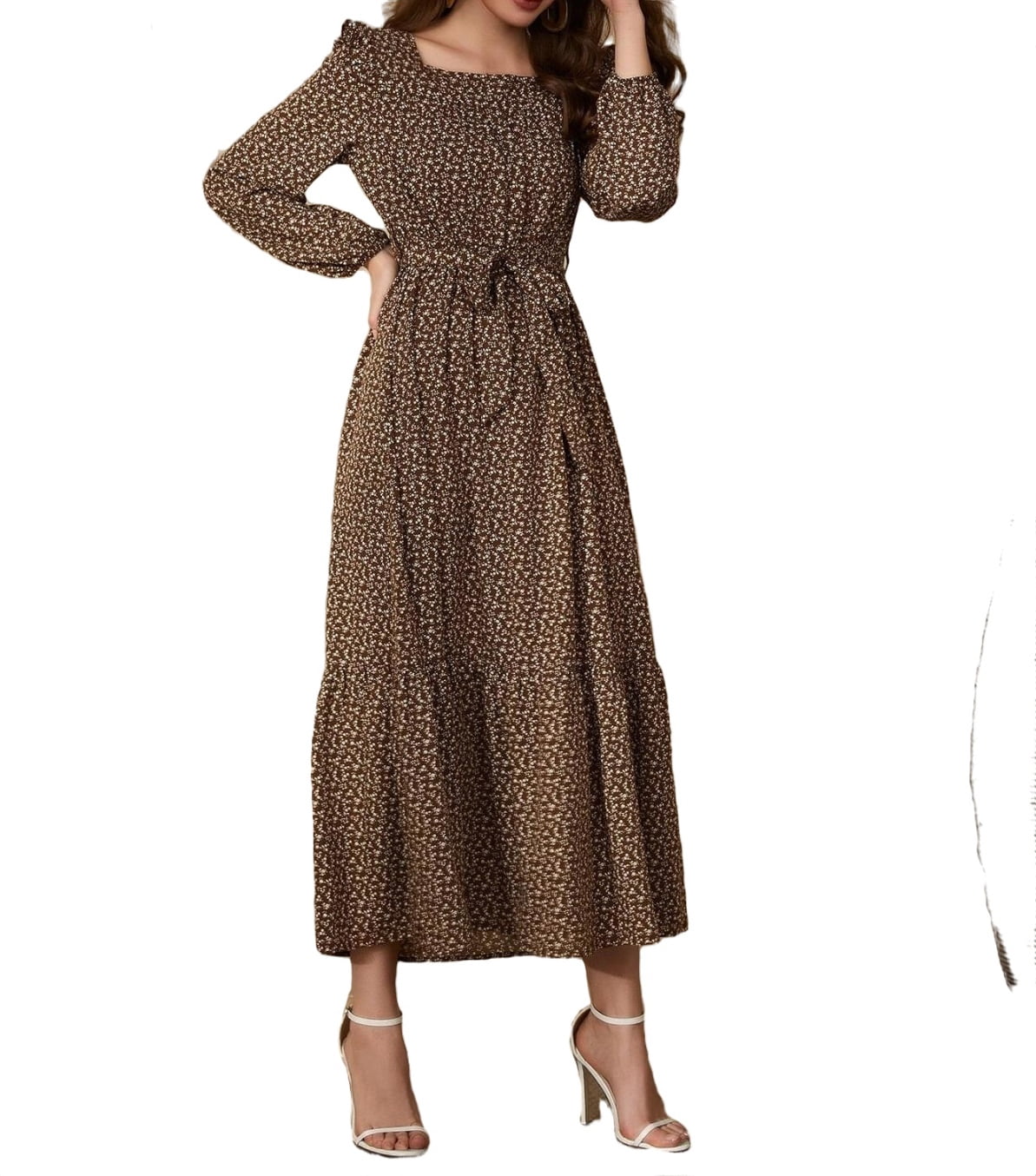 Boho Ditsy Floral Square Neck A Line Coffee Brown (Women's Dresses
