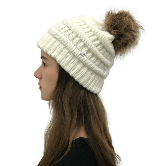 DAMAIE Knit Slouchy Beanie for Women Thick Baggy Hat Faux Fur Pompom Winter Hat