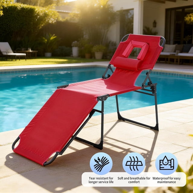 Folding Tanning Lounge Chair with Face Hole – 5-Position Adjustable Backrest – Pillow & Side Pocket – Portable Patio Recliner for Outdoor, Poolside, Beach – Red, Set of 2