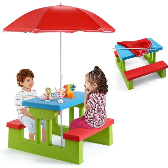 Kids Picnic Table, Toddler Picnic Table with Removable & Foldable Umbrella, Plastic Children Patio Furniture for Garden Backyard, Kids Outdoor Table, Red, Blue & Green