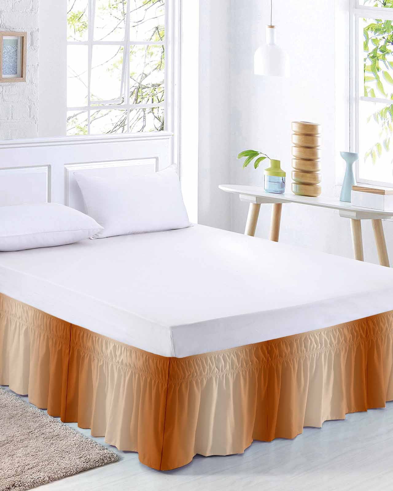 Burnt Orange Ombre Bed Skirt King Size, Modern Gradient Abstract Art Wrap Around Bed Skirting with Adjustable Elastic Strap, Dust Ruffled Pleated Bedskirts 18 Inch Drop for Bedroom King Beds