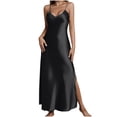 thumbnail image 2 of Women's Slip Maxi Dress V Neck Spaghetti Strap Side Split Silky Satin Slim Fit Long Gown For Date Night Cocktail Party Clubwear Formal Event Smooth Breathable Fabric, 2 of 8