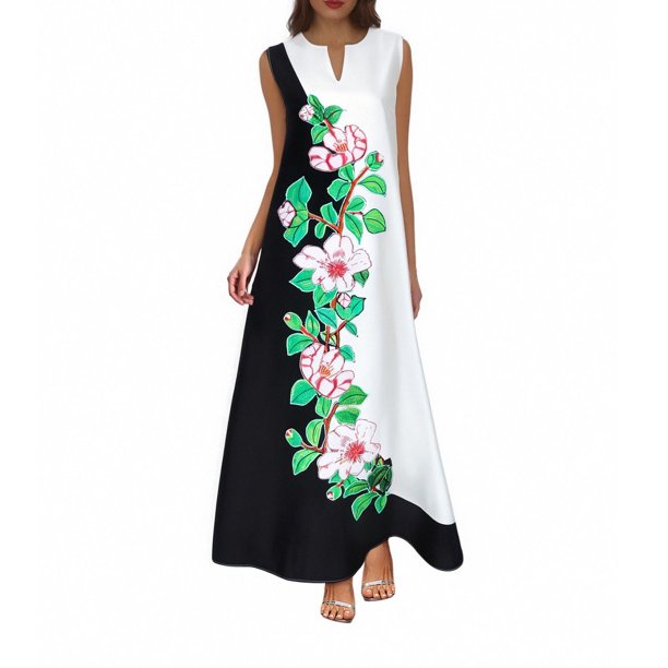 Vestidos de Verano de una Línea para las Mujeres 2025, Maxi de Impresión sin Mangas de Cuello en V de Moda para Ocasional, Fiesta Y Boda