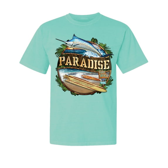 Wild Bobby, Paradise Surf Shack Marlin, Garment-Dyed Washed Look Short Sleeve Tees, Mint, X-Large