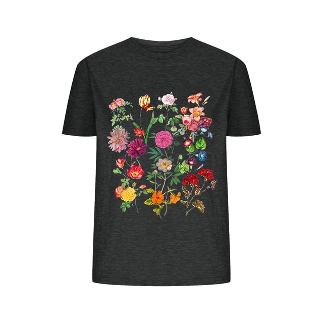 Blusas de Verano de las Mujeres Flor Impresa Cuello Redondo Manga Corta Superior, Verano Superior de las Mujeres