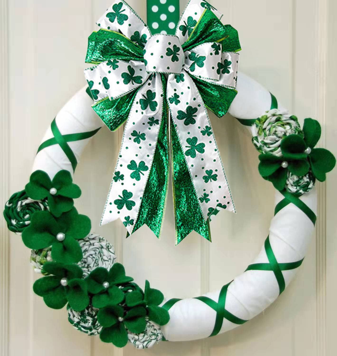White Large Glitter Polyester St. Patrick's Day Bow for Wreath and Holiday Decor