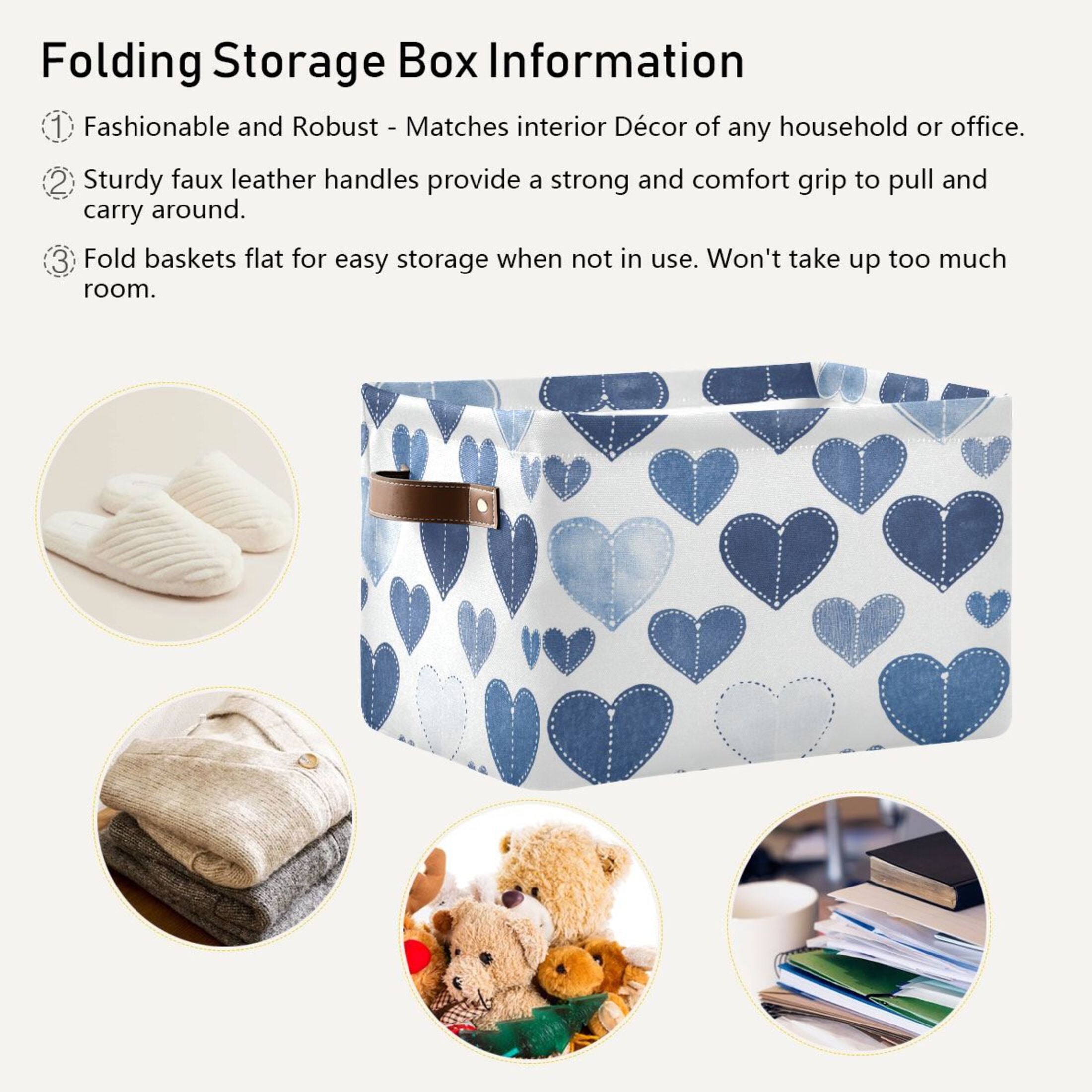 Denim Heart Pattern Foldable Storage Basket,Canvas Fabric Foldable Storage Bins with Handles Open Home Storage Bins Boxes for Toy Book Shelf Closet Baskets
