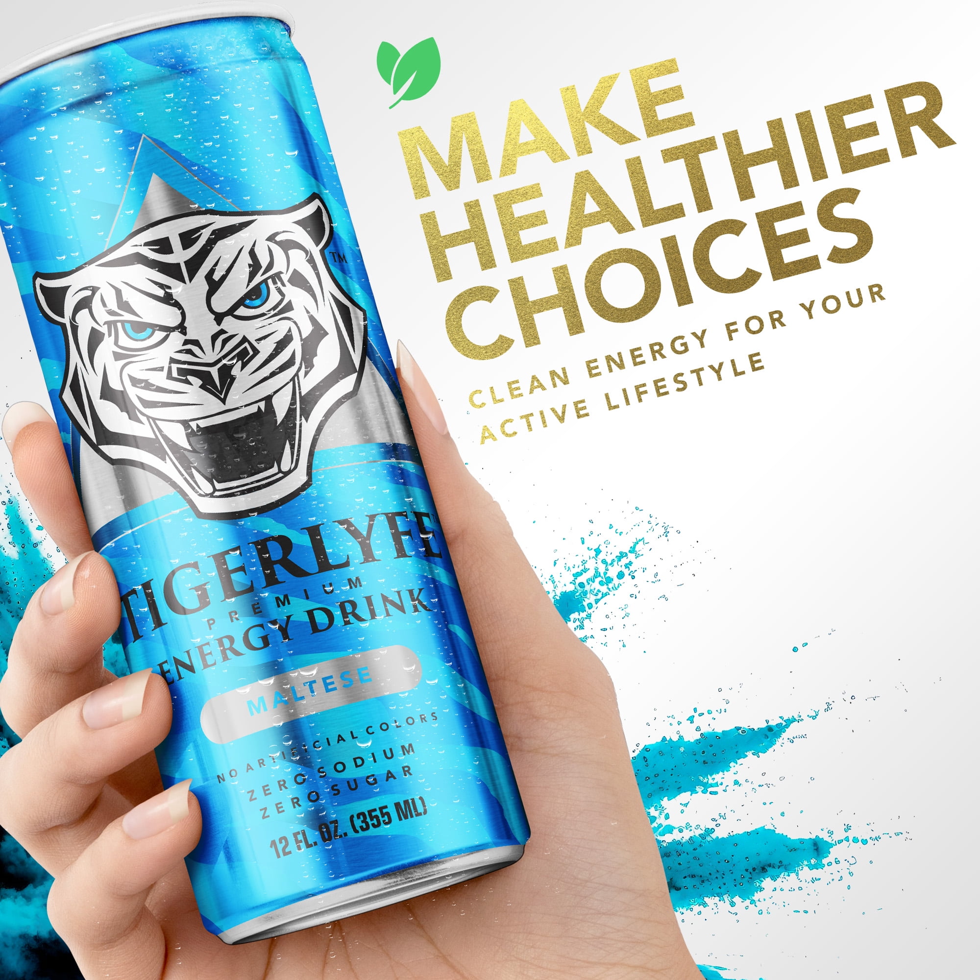 TIGERLYFE Sugar-Free Energy Drink 12-Pack, Zero Calorie & Carb, 12oz Slim Cans with B Vitamins & Electrolytes for Energy Boost & Hydration (Maltese)