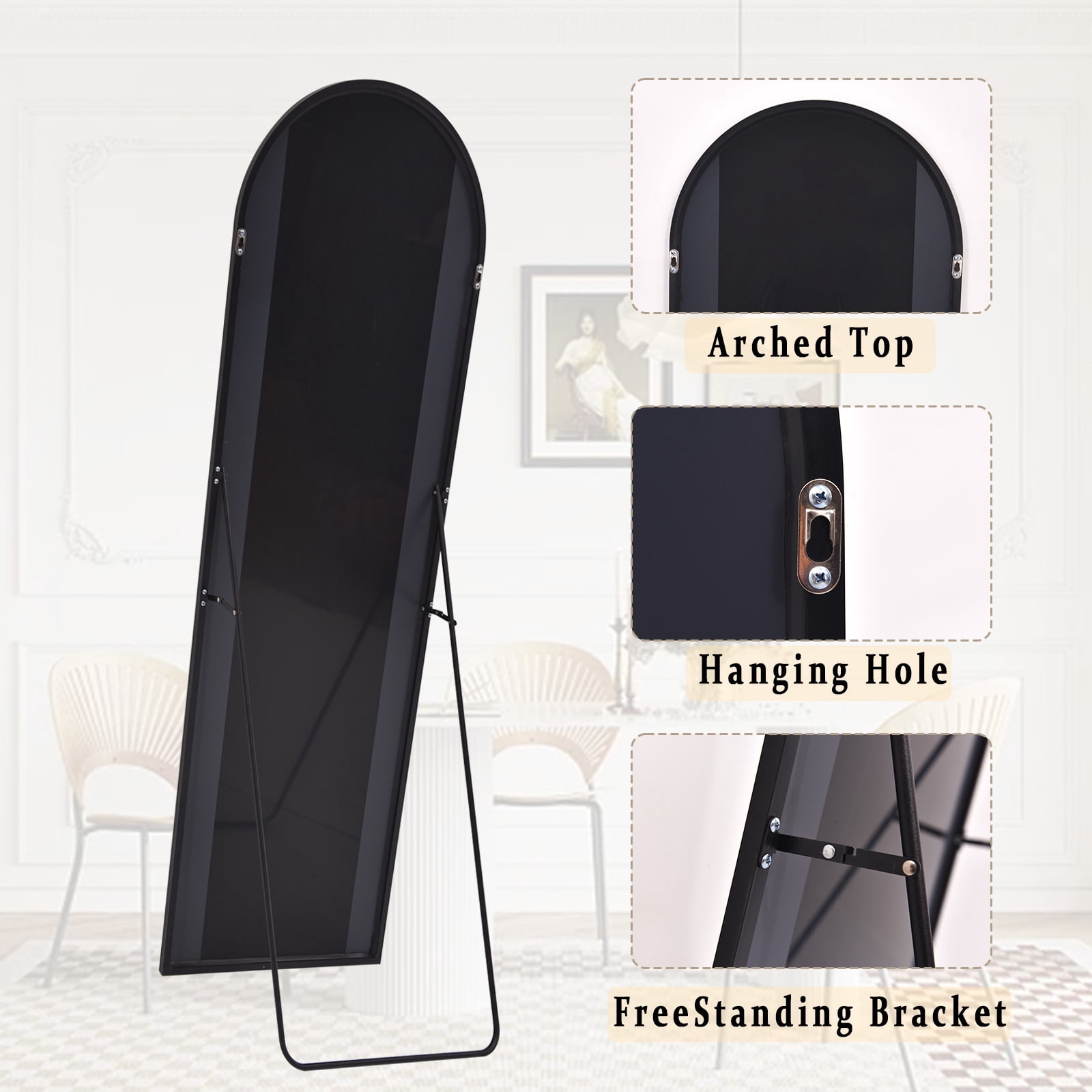 GRAHMCY 78"x35" Arched Full Length Floor Mirror Free-standing Mirror with Aluminum Alloy Frame, Black
