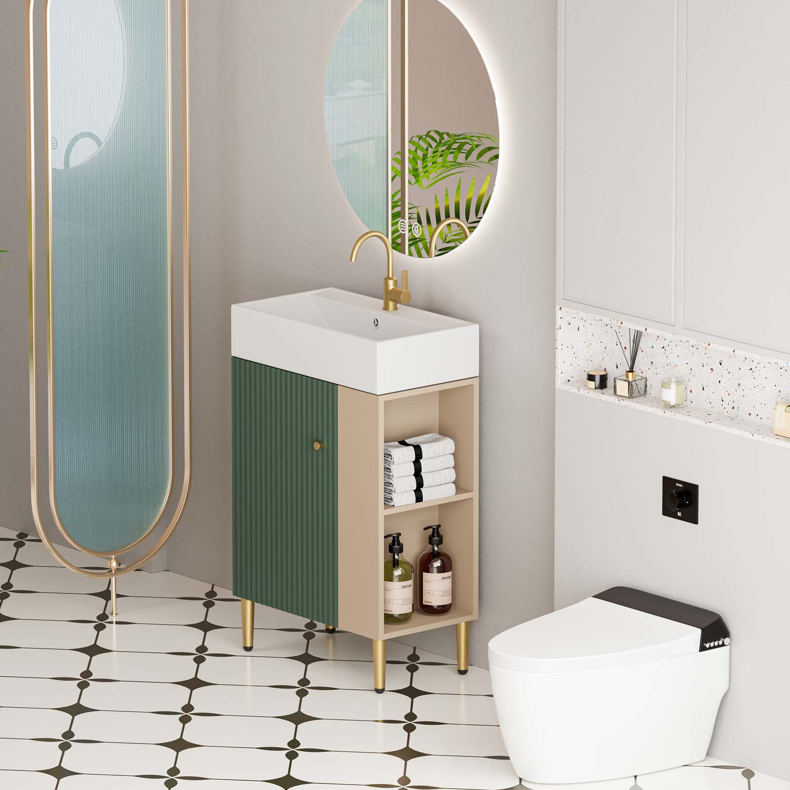 21.7" Bathroom Vanity with Ceramic Sink, Freestanding Bathroom Vanity with Open-Shelving Natural Wood Vanities Cabinet Soft Closing Door Right Storage for Small Bathroom Green