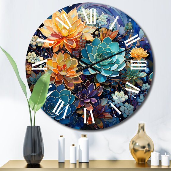 Designart "Green Blue Succulent Charm I" Floral Oversized Wall Clock