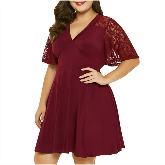 Lmnyox Plus Size Dress for Women Short Lace Sleeve V Neck Mini Dress High Waist Cocktail Dress