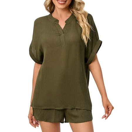 

MAWCLOS Summer Pajama Sets For Womens Shorts Short Sleeve Pj Set 2 Piece Sleepwear With Pockets Army Green 2XL