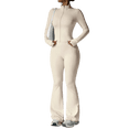 thumbnail image 2 of WULMLEO Casual Fall Outfits for Women Solid Color Full Zip Up Jacket Matching Bell Bottom Pants Set Beige S, 2 of 9