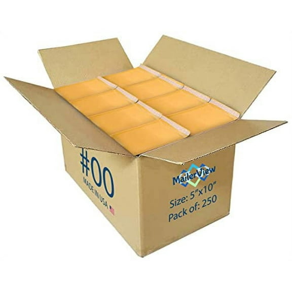 250 Pack 5x10 Number #00 Kraft Bubble Mailers Made in USA Padded Envelopes with Self Seal Tape, 250 Pack (Usable size 5 x9)
