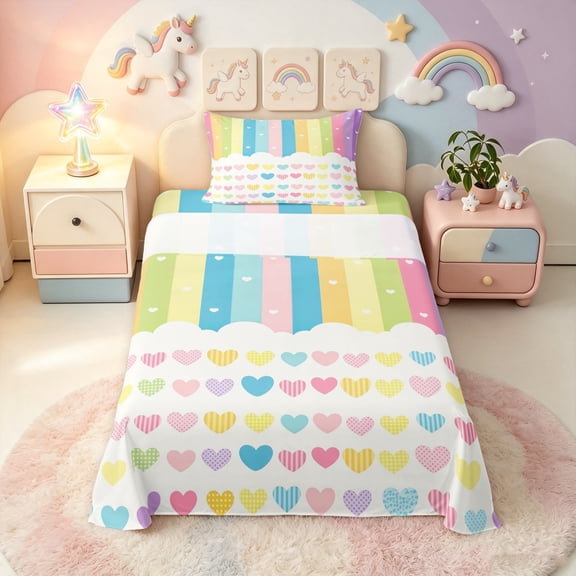 Manfei Cute Rainbow Stripe Twin Sheets, Sweet Love Heart Bedding, Cream Yellow, 3pcs, 1 Flat Sheet, 1 Fitted Sheet and 1 Pillowcase