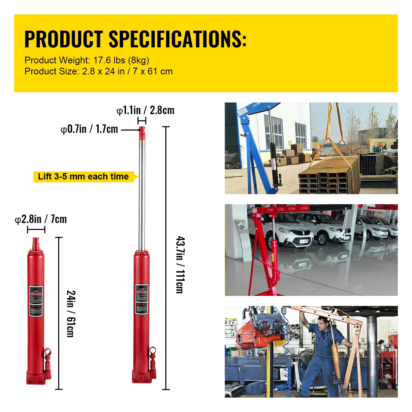 KFFKFF Hydraulic Long Ram Jack, 4 Tons Capacity, Single Piston, Flat Base, Manual Operation, Suitable for Garage Cranes, Engine Hoists, Red