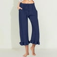 thumbnail image 5 of Besolor Women Cotton Linen Capris Pants Elastic Waist Drawstring Ruffle Hem Beach Wide Leg Loungewear Trousers with Pockets, 5 of 6