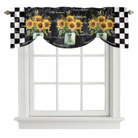 Sunflower Tie Up Valance Curtains for Windows, Kitchen Curtains Window Treatments, Black White Check Farmhouse Bee Vase Floral Short Window Shades Valances for Bedroom Bathroom Cafe 54"x18"