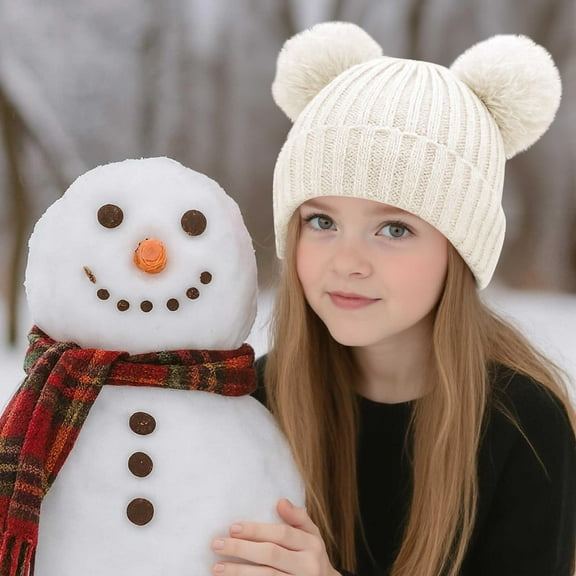 SYMOID White Ribbed Cuffed Knit Cotton Beanie - Unisex Double Pom Pom Warm Winter Hat for Kids & Adults,Size Free Size