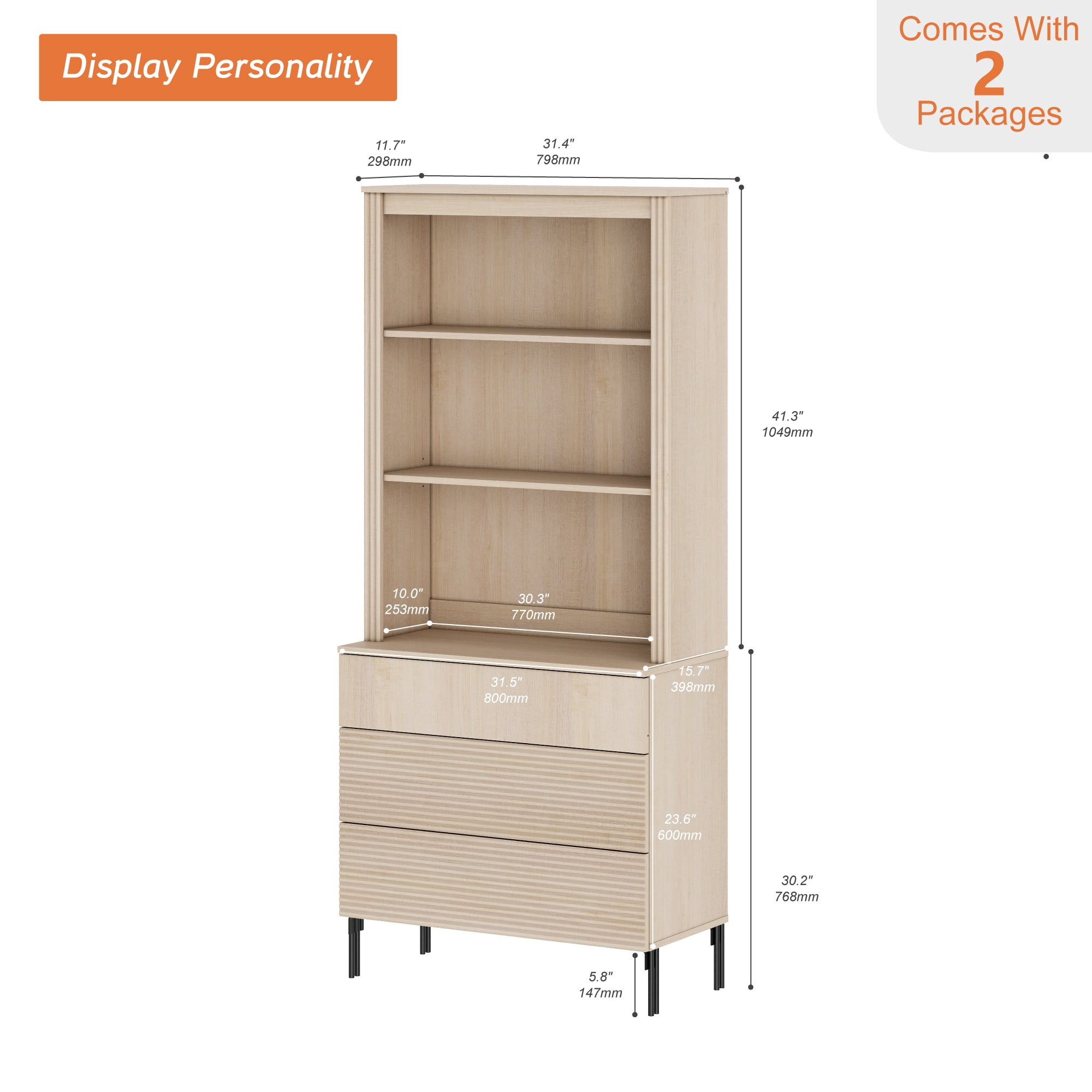 71.6" Tall Fluted Kitchen Pantry Cabinet, Wood Bookcase Display Cabinet with Drawers and Adjustable Shelves, Modern Versatile Cupboard For Dining Room, Bedroom
