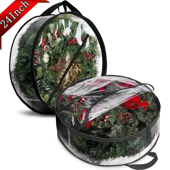 Bxaolu 2 Pack Wreath Storage Bag, 24" X 8" Clear Everyday Bag, Christmas Wreath Storage Container with Zippered and Reinforced Handle for Holiday Seasonal Wreath Garlands, Black