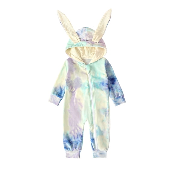 JAJAHO Easter Baby Boys Girls Jumpsuits Long Sleeve Ears Hooded Tie Dye Zip Front Romper Clothes Holiday Outfits 6-24 Months Versatile Onesie