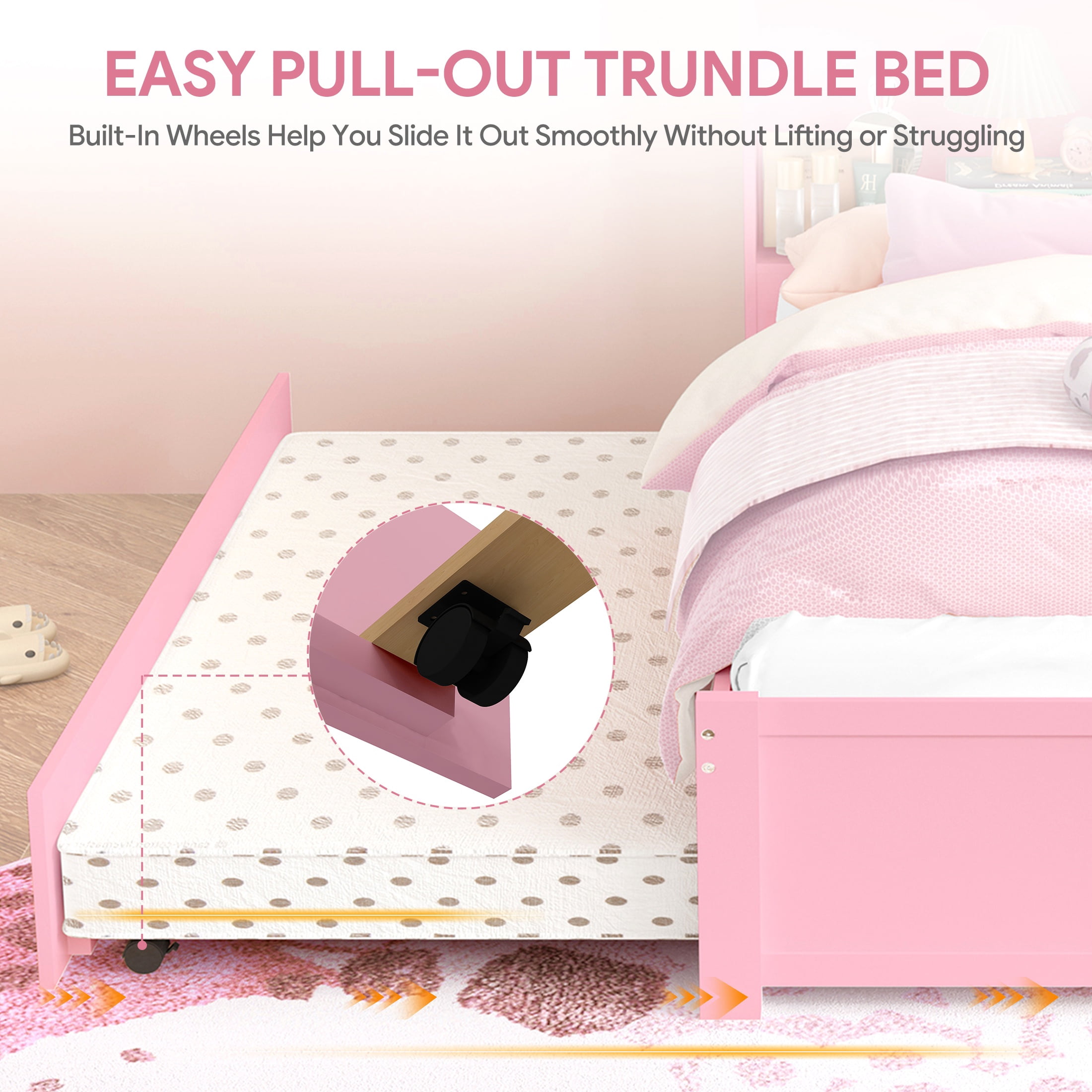 UHOMEPRO Twin Trundle Bed with Storage Headboard, Pink Trundle Bed Frame for Kids Girls Boys, Twin Bed with Trundle, No Box Spring Needed