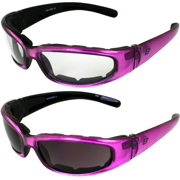 2 Pairs of MotoFrames Chill Women's Motorcycle Sunglasses Padded Pink Frames Clear & Super Dark Lenses