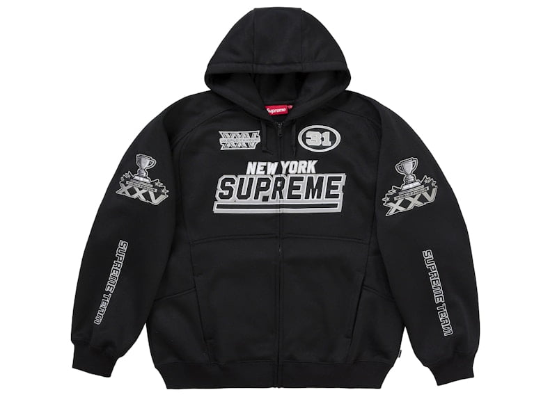 Supreme Men's Leather Applique Zip Up Hooded Sweatshirt Black