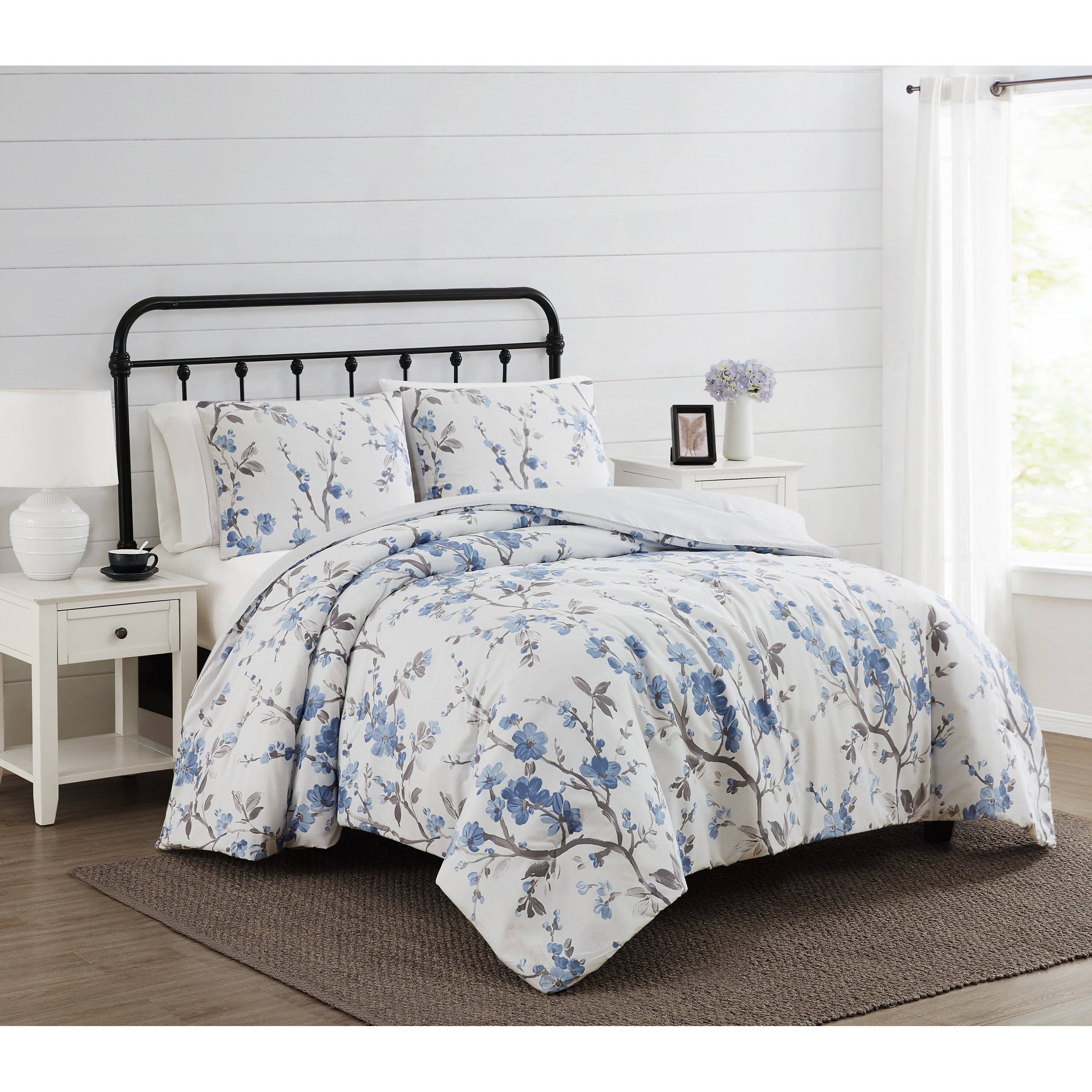 FLORAL COMFORTER SET Flowers Bedspread Bedding Pillowcase Navy Blue Twin XL