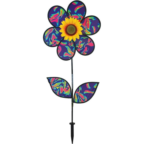 In the Breeze 2650 — 16-Inch Blue Psychedelic Sunflower Spinner with Leaves, Colorful Garden Flower Wind Spinner
