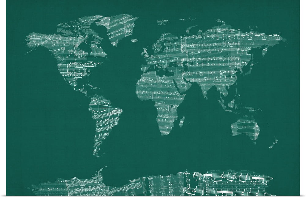 Great BIG Canvas | "Sheet Music World Map, Green" Art Print - 48x32