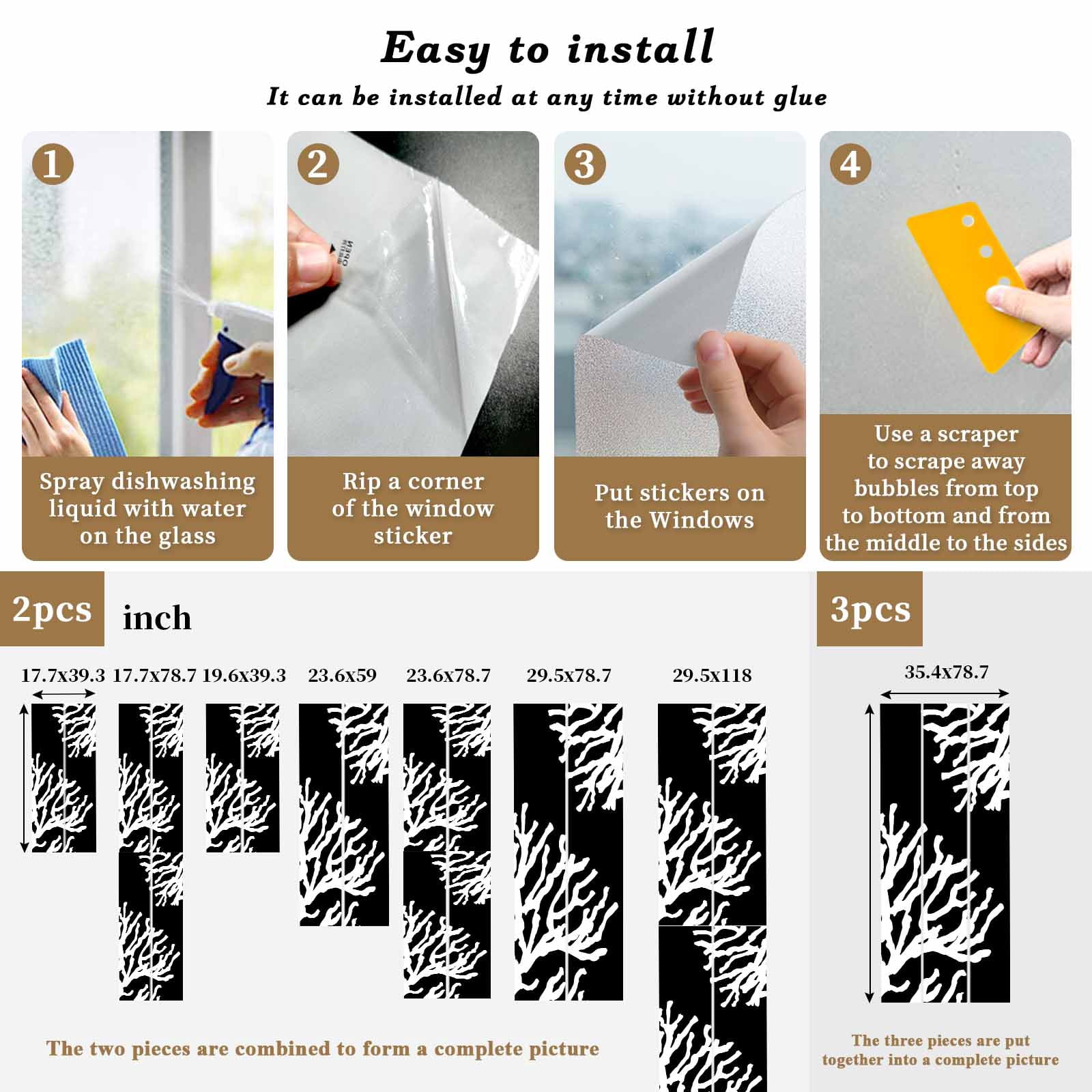 Coral Black Window Privacy Film, Coastal White Ocean Marine Nautical Beach Static Cling UV Sun Blocking Heat Control Window Tint, Non-Adhesive One Way Windows Privacy Cover 35.4''x78.7''