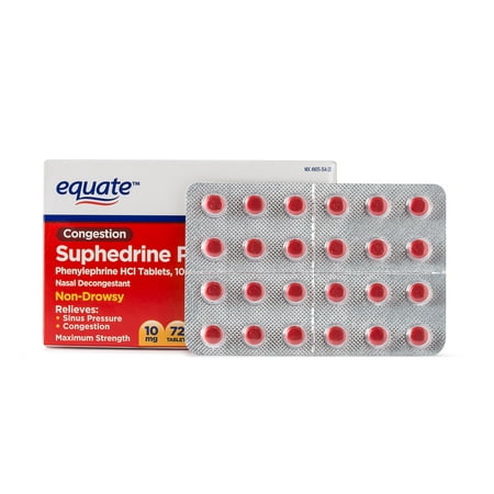 Best (2 Pack) Equate Congestion Suphedrine PE Nasal Decongestant Tablets, 10 mg, 72 Ct deal