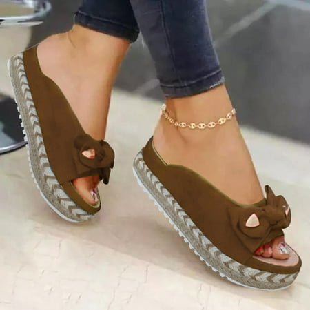 

HIBRO Women s Summer Slip-On Flat Bow Beach Open Toe Breathable Sandals Weave Shoes