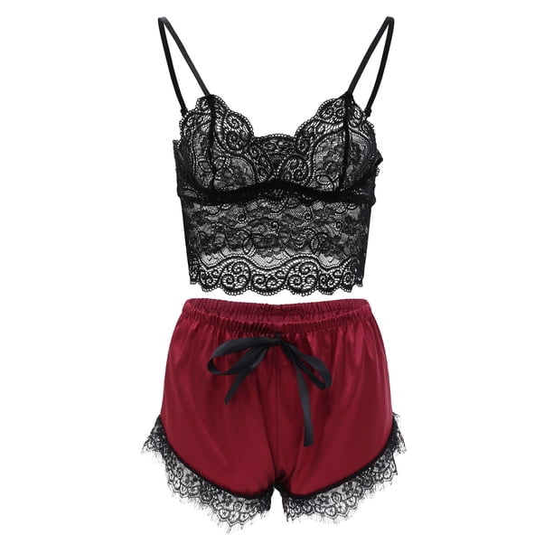 Pijama Mujeres Moda Sexy Cuello en V Espalda Abierta Encaje Chaleco Ropa Interior Gibobby Rojo M
