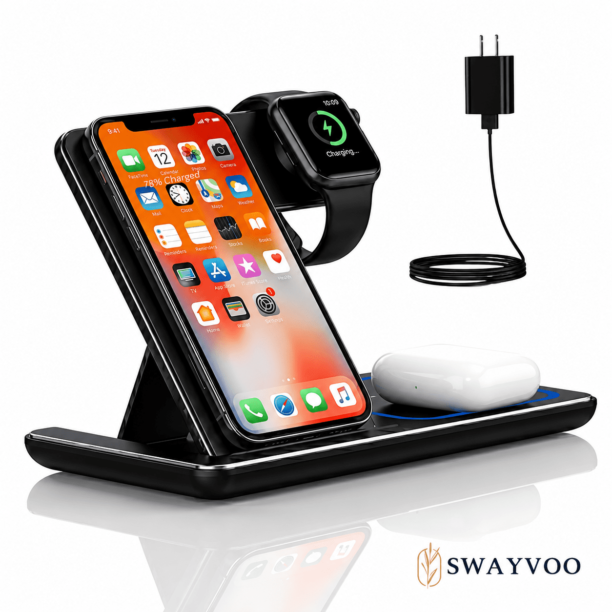 Swayvoo Wireless Charging Station 3-in-1 — 15W Fast Charger for iPhone 17 16 15 14 13 12 11 X Pro Max, Apple Watch Series 10–1 SE Ultra, AirPods 4 3 2 Pro — Adapter Included Foldable