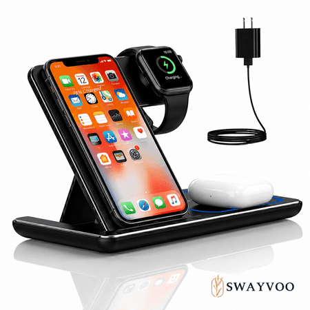 Swayvoo Wireless Charging Station 3-in-1 — 15W Fast Charger for iPhone 17 16 15 14 13 12 11 X Pro Max, Apple Watch Series 10–1 SE Ultra, AirPods 4 3 2 Pro — Adapter Included Foldable