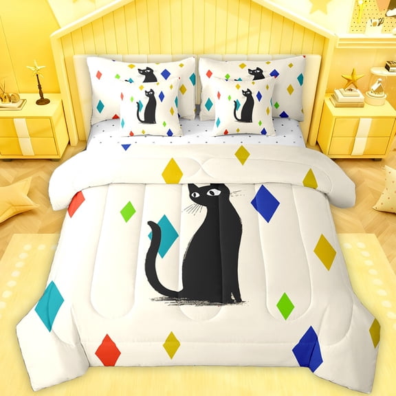 Feelyou Mystic Kitten Lover Bedding Comforter Set 7 Pieces, Colorful Rhombus Full Bedding Set, Kawaii Cartoon Animal Reversible Fitted Sheet Flat Sheet, Breathable Home Decor