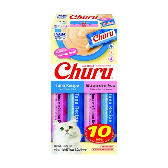 INABA Churu Cat Treats, Grain-Free Lickable Creamy Purée with Vitamin E -Tuna Variety Box 10 Tubes