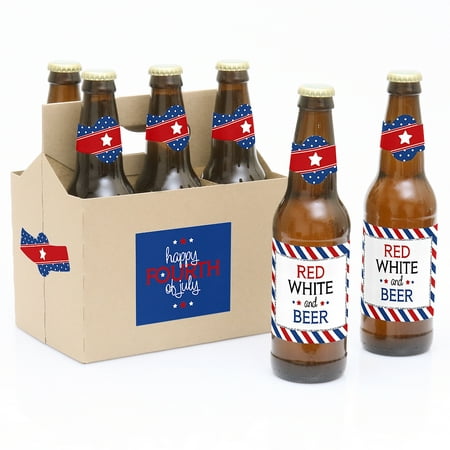 4th of July - Independence Day Party Decorations for Women and Men - 6 Beer Bottle Label Stickers and 1