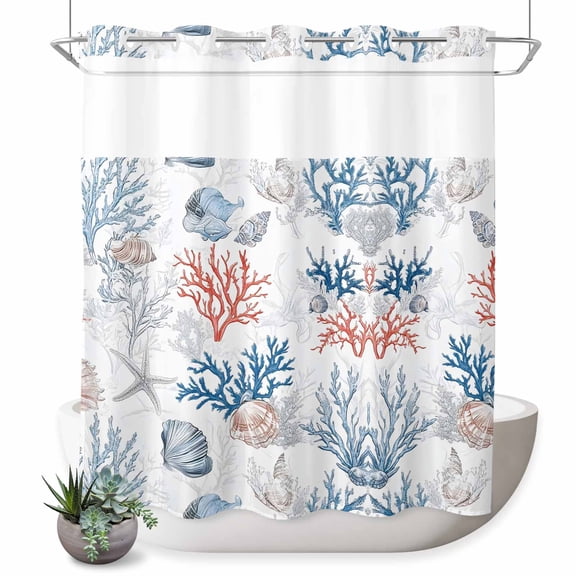 No Hook Shower Curtain with Built-in Rings - Coastal Nautical Washable Waterproof Fabric Bathroom Curtains for Hotel,Rentals, 72 X 78 Inch Long , Ocean Coral Shell Pattern Blue Aqua