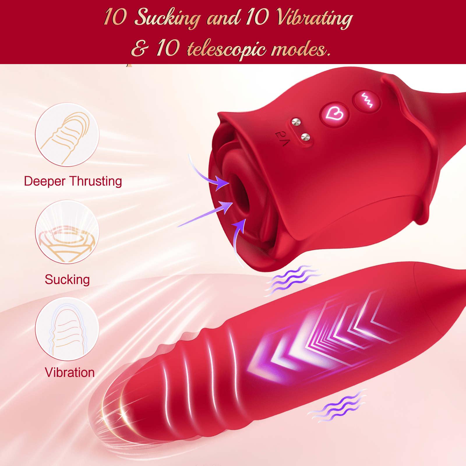 Velvet Bliss 3 in 1 Rose Sex Toys Vibrators,10 Sucking & Vibrating & Stretch modes,Thrusting Adult Toy for Women and Couples,Red