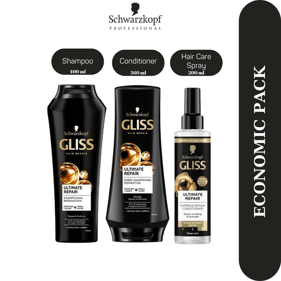 Schwarzkopf Gliss Ultimate Repair 3 Economic Pack Shampoo , Conditioner , Hair Care Spray Set