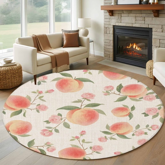 Peach Round Area Rug 5Ft Washable Circle Rugs for Living Room Bedroom, Spring Floral Green Leaf Botanical Pink Fruit Rustic Non-Slip Carpet Floor Mats Indoor Outdoor Carpet Runner Home Decor