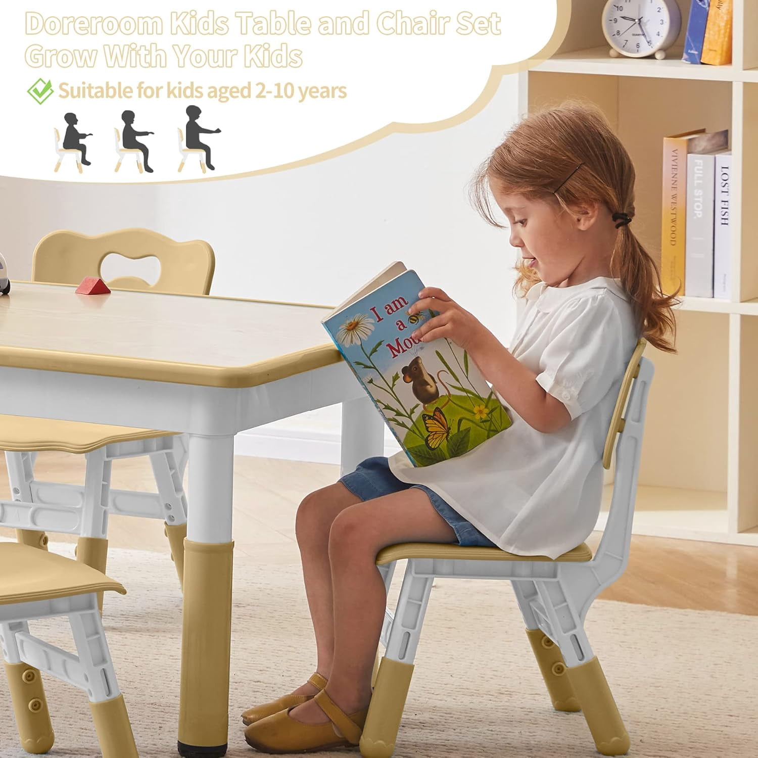 AINUO Toddler Table and Chairs Set of 4, 47.2"L x 23.6"W Height Adjustable Kids Study Activity Table with Graffiti Desktop, Ideal for Home, Daycare, Classroom